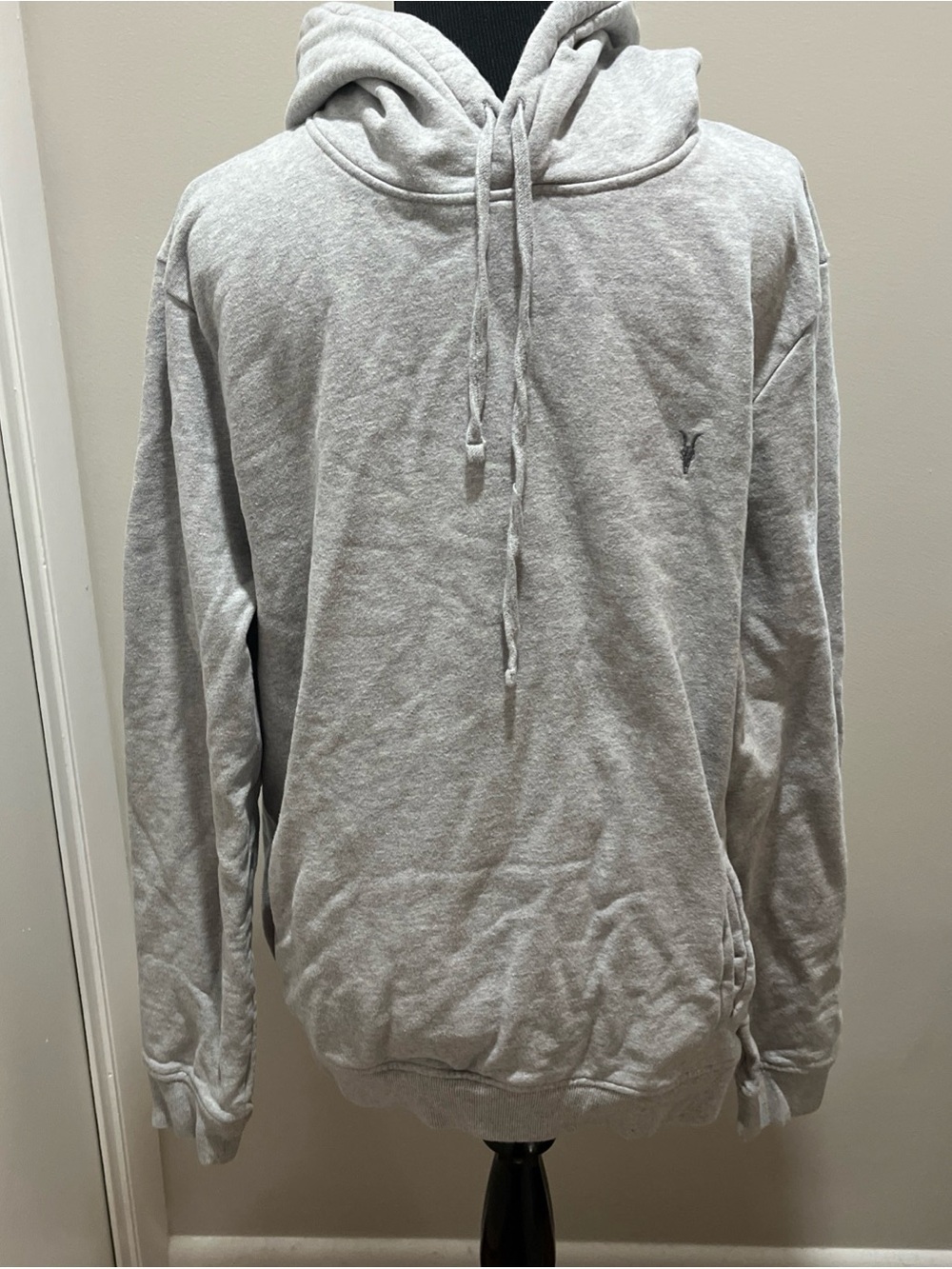Allsaints Mens Large Gray Raven Pullover Ramskull Hoodie Embroidered